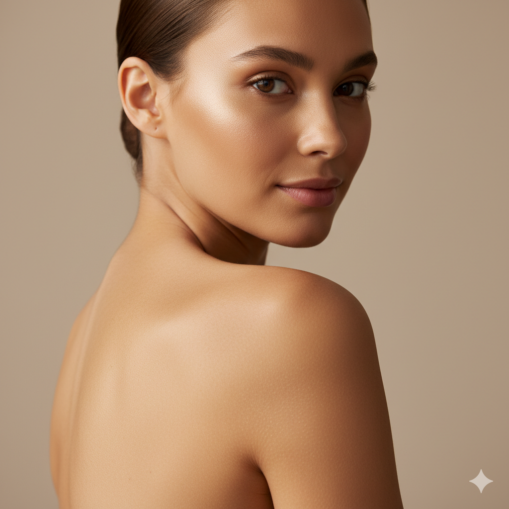 A woman's glowing back and shoulders showcasing the flawless, even results of a perfect Brazilian spray tan.