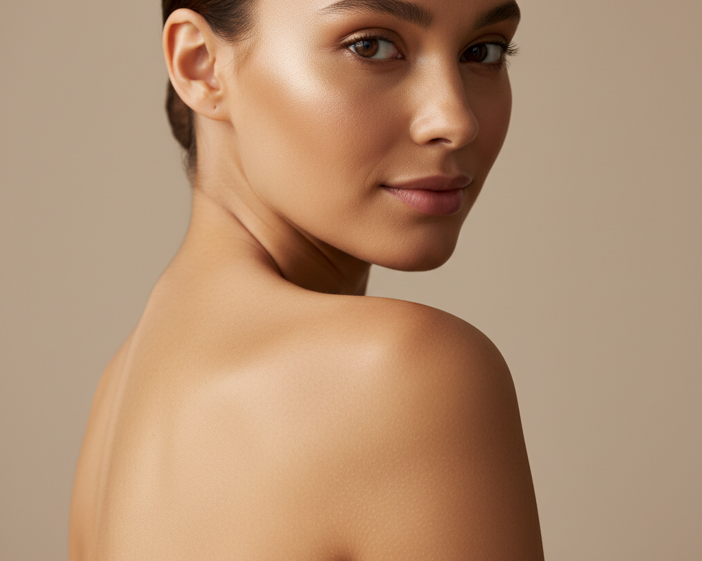 A woman's glowing back and shoulders showcasing the flawless, even results of a perfect Brazilian spray tan.