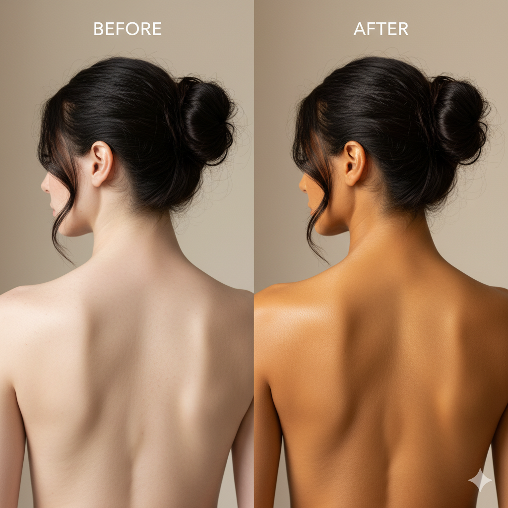 Before and after Brazilian spray tan showing a natural, sun-kissed glow