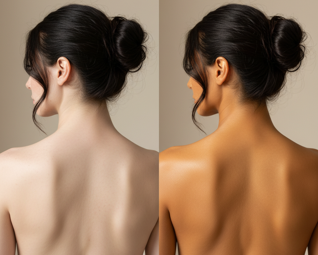 Before and after Brazilian spray tan showing a natural, sun-kissed glow